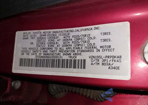 2002 Toyota Tacoma Prerunner V6 z USA, uszkodzony, nr VIN 5TEGN92NX2Z028131
